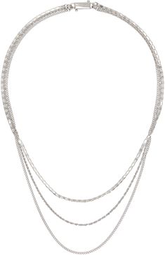 Tiered rope, scroll, and curb chain necklace in rhodium-plated sterling silver. · Lobster-clasp fastenings · L18.75 Supplier color: Silver Number Necklace, Curb Chain Necklace, Onyx Necklace, Station Necklace, Silver Plated Necklace, Curb Chain, Silver Pendant Necklace, Necklace Silver, Chains Jewelry