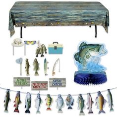 an assortment of fishing related items are displayed