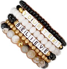 Trendy Beaded Bracelets With Letter Print, Custom Text Beaded Bracelets With Round Beads For Friendship, Beaded Bracelets With Letter Print As Gift, White Bracelet With Letter Print For Gift, White Letter Print Round Bead Bracelets, White Round Beads Bracelet With Letter Print, Inspirational White Bracelets With Letter Print, Inspirational Beaded Bracelets With Letter Print As Gift, Adjustable Beaded Bracelets With Letter Print