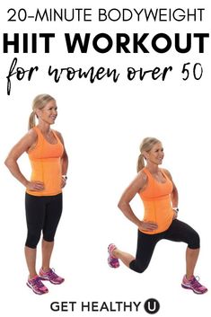 a woman in an orange top and black leggings with the words 20 - minute bodyweight hit workout for women over 50