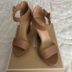 Stacked Heel, Leather Uppers, Lena Wedge Sandals In Toffee Color From Michael By Michael Kors In Us Size 5.5, New In Box, Adjustable Buckle Strap, 3.75” Heel Height Beige Wedge Heels With 4-inch Heel, Elegant Beige Wedge Sandals With Stacked Heel, Formal Beige Ankle Strap Wedge Sandals, Beige Wedge Sandals With Branded Heel Counter, Beige Formal Wedge Sandals, Toffee Color, Blue Suede Loafers, White Wedge Sandals, Gold Strappy Heels