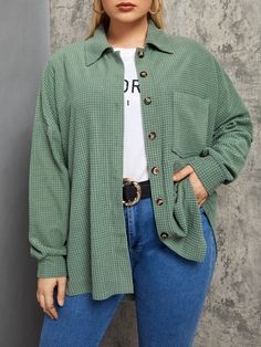 Mint Green Casual Collar Long Sleeve Fabric Plain Shacket Embellished Non-Stretch Spring/Fall Plus Size Outerwears Drop Shoulder Jacket, Shoulder Jacket, Plus Size Jackets, Wardrobe Makeover, Plus Size Fall Outfit, Plus Size Fall Fashion, Fall Trends Outfits, Fall Plus Size, Fashion Things