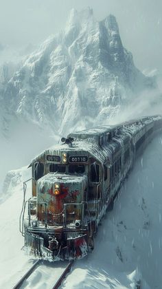 a train traveling down tracks in the snow near a large mountain covered in snowflakes