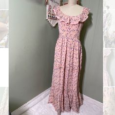 Spring Floral Maxi Dress. Can Be Worn Off Shoulder. Crochet Trim Around The Ruffle Neckline. Tiered Maxi Skirt. Measurements Bust:40” Waist:30” Length:56.5” Pink Cottagecore Dress For Summer, Pink Cottagecore Summer Dress, Spring Mauve Maxi Dress With Floral Print, Pink Cottagecore Dress For Brunch, Feminine Lavender Maxi Dress With Ruffles, Lavender Floral Print Maxi Dress For Garden Party, Lavender Sleeveless Floral Print Maxi Dress, Lavender Floral Print Sleeveless Maxi Dress, Lavender Sleeveless Maxi Dress For Garden Party