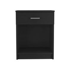 a black nightstand with a drawer on the bottom and an open shelf below it, against a white background