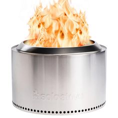 a stainless steel fire pit with flames coming out of the top and on it's sides