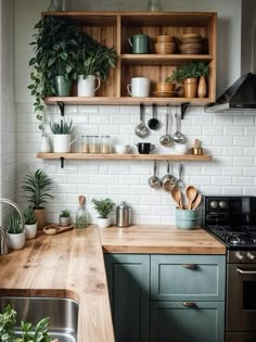 a kitchen with wooden counters and shelves filled with potted plants on top of them