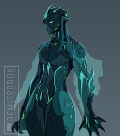 a stylized image of a creature with glowing green eyes and arms, standing in front of a