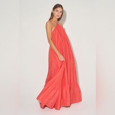 Lords A-Line Gown Watermelon $419.00 Usd The Lords Gown Is An Stunning Maxi Design And A Forever Piece To Add To Your Wardrobe. The Delicate Halter Neckline And Scoop Back Are Complimented By An Ultra Full Hemline. Feel Secure In This Piece With A Build In Bust Panel, Completely Adjustable To Your Fit With A Hook And Eye Closure. The Neckline, Back Scoop And Hem Are Finished With A Shimmering Diamonte Trim That Catches The Light Beautifully When Worn. Details Relaxed Fit Fully Lined Maxi Dress H Red Floor-length Summer Gown, Red Long Dress Gown For Spring, Maxi Design, Bra Hooks, A Line Gown, Halter Neckline, Free People Dress, The Lord, Halter Dress