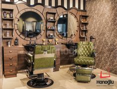 a hair salon with green chairs and mirrors