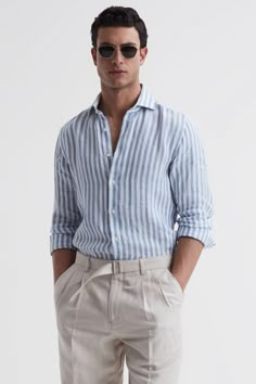 Machine washable. 100% Linen.Mens Reiss Soft Blue Herringbone Stripe Ruban Linen Long Sleeve Shirt -  soft blue herringbone stripe Linen Men > Shirts