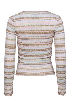 Stay oh-so cozy and stylish this spring in this beautiful pastel Missoni cardigan. Crafted with detailed stripes in beige, mint, gold, and pink, this cardigan will be a perfect addition to any wardrobe! Size 2 Made in Italy 51% Viscose, 39% Cotton, 6% Polyamide, 4% Polyester Unlined Button front cardigan Ribbed knit Bust 32" Waist 26" Shoulder to hem 20.5" Sleeve length 24.5" Fine Knit Striped Tops For Spring, Trendy Pastel Sweater For Spring, Chic Striped Sweater For Spring, Striped Sweater For Spring Layering, Multicolor Textured Knit Cardigan For Spring, Chic Striped Cardigan For Spring, Striped Textured Knit Sweater For Spring, Striped Cardigan For Spring Layering, Spring Striped Cardigan For Layering