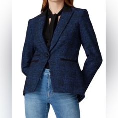 Veronica Beard Gia Peak Lapel Blazer. In Blue/Black Tweed With Black Contrast Collar. Brand New With Tags. Retail Price $695 Size 2 A Cutaway Hem Sharpens The Look Of Veronica Beard's Signature Dickey Jacket Done In Black Tweed. Sophisticated And Timeless. 33% Polyester 28% Cotton 16% Wool 16% Acrylic 7% Textile Fibers Shoulder Pads Paneled Buttoned Cuffs Multipockets Button Fastening At Front Fully Lined Dual Back Vents Tailored Tweed Blazer For Work, Designer Tweed Blazer For Workwear, Designer Tweed Outerwear For Work, Designer Fitted Tweed Blazer, Designer Long Sleeve Tweed Jacket For Work, Tailored Tweed Jacket For Office In Fall, Designer Wool Tweed Jacket For Workwear, Designer Tailored Tweed Jacket For Fall, Fitted Tweed Outerwear For Work