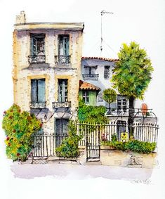 a drawing of a house with trees and flowers on the front yard, next to a fence