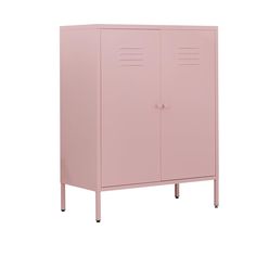 a pink metal cabinet with two doors