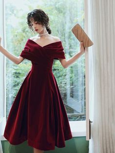 Burgundy velvet short prom dress homecoming dress Tea Length Homecoming Dresses, Maternity Evening, Maternity Evening Dress, Off Shoulder Evening Dress, Strapless Party Dress, Red Dresses Classy, 파티 드레스, Short Prom Dress, Fancy Jewellery