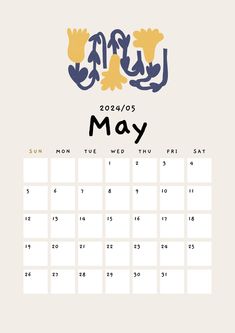 a calendar with the word may written in blue, yellow and white letters on it