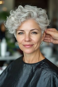 19. Pearl-Gray Curly Quiff (Short Curly Hairstyles For Women Over 50) - Short Curly Hairstyles For Women Over 50 Curly Quiff, Short Curly Hairstyles For Women, Grey Hair Over 50, Curly Pixie Haircuts, Grey Curly Hair, Short Curly Hairstyles, Pearl Gray, Short Curly Haircuts