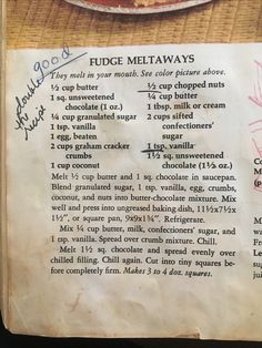 the recipe for fudge meltaways is in an old cookbook with writing on it