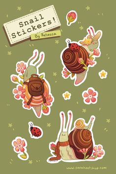 snail stickers with flowers and ladybugs in the background, on a green background