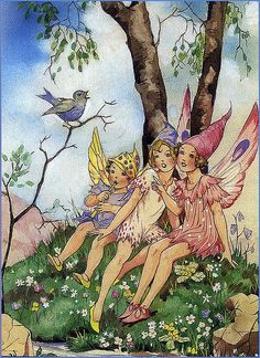 two fairy children sitting on the ground next to a tree