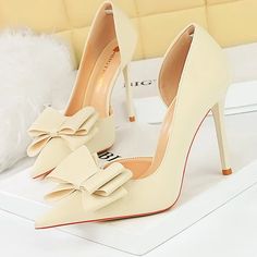 Eco Bowknot Silks Satins Lady Heels Elegant Beige Heels With Bow, Beige Party Heels With Bow, Beige Bow Heels For Party, Beige Evening Heels With Bow, Evening Beige Heels With Bow, Cream Party Heels With Bow, Beige Pointed Toe Heels With Bow, Beige Closed Toe Heels With Bow, High Heel Bow Heels For Office