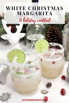 two glasses filled with white christmas margarita cocktail