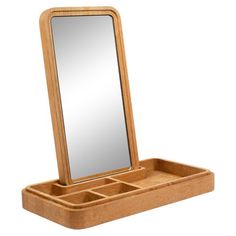 a wooden box with a mirror on top of it and compartments underneath the lid for jewelry