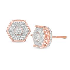 He'll love the intricate details of these diamond geometric stud earrings. Fashioned in sterling silver with 14K rose gold plate, each dashing earring showcases a hexagon-shaped composite of shimmering diamonds. Radiant with 1/6 ct. t.w. of diamonds and a polished bright shine, these post earrings secure comfortably with screw backs. Octagon Earrings With Diamond Accents As Gift, Octagon Earrings With Diamond Accents Fine Jewelry, Octagonal Earrings With Diamond Accents, Fine Jewelry Earrings With Diamond Accents In Octagon Shape, Silver Octagon Earrings With Diamond Accents, Rose Gold Octagon Jewelry With Prong Setting, Rose Gold Octagon Ring With Prong Setting, Silver Hexagon Jewelry With Diamond Accents, Diamond White Octagon Earrings In Fine Jewelry Style