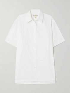 A white button-down is a staple in any closet and Nili Lotan's 'Alban' shirt is one you'll wear for years. It's cut from lightweight cotton-poplin and has a split hem that's slightly longer at the back. Roll the short sleeves for an effortlessly cool feel. White Oversized Poplin Shirt, Oversized White Poplin Shirt, White Relaxed Fit Poplin Shirt, White Poplin Button-up Shirt, White Button-up Poplin Blouse, White Poplin Shirt For Work, White Poplin Shirt For Daywear, White Poplin Shirt For Summer, White Poplin Tops For Daywear