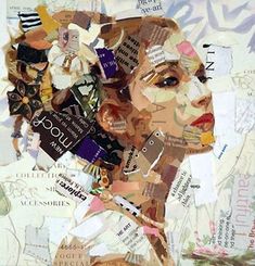 a woman's face made up of many different types of papers