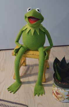 kermie the frog sitting on a chair next to a potted plant