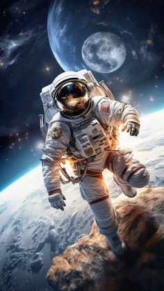 an astronaut floating in space next to the earth