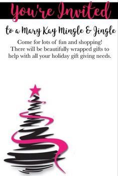 a pink and black christmas tree with the words, you're invited to a mary kay holiday coffee