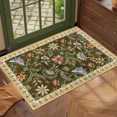 an area rug is on the floor in front of a green door and windowsill