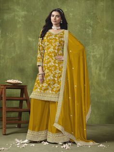 Yellow Dola Silk palazzo Suit with Wevon Jacquard, Embroidery Work Processing Time : 7 Business Days Work : Wevon Jacquard, Embroidery Work Fabric:Top : Dola Silk Bottom : Chinon Dupatta : Chinon Color:Top : Yellow Bottom : Yellow Dupatta : Yellow Salwar Kameez Mens, Plazzo Suits, Palazzo Style, Palazzo Suit, Silk Bottoms, Patiala Salwar, Punjabi Salwar Suits, Casual Saree, Salwar Kameez Designs