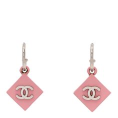 These are an authentic pair of CHANEL Acrylic CC Drop Earrings in Pink. These cute earrings are made of pink colored acrylic with a silver Chanel CC logo. Luxury Pink Drop Earrings, Luxury Pink Jewelry With Logo Charm, Pink Jewelry With Logo Charm For Gifts, Luxury Pink Dangle Earrings, Luxury Pink Sterling Silver Earrings, Luxury Pink Pierced Earrings, Trendy Pink Sterling Silver Earrings, Colored Acrylic, Pink Chanel