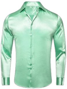 Green Silk Collared Shirt, Casual Satin Collared Shirt, Formal Green Silk Shirt, Green Silk Formal Shirt, Silk Semi-formal Tops, Semi-formal Silk Tops In Solid Color, Semi-formal Satin Shirt For Spring, Semi-formal Fitted Satin Tops, Fitted Satin Tops For Semi-formal Occasions