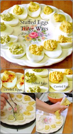 Three different recipes for stuffed eggs - perfect for using Easter Eggs, serving on a buffet, or taking to a potluck! Stuffed Eggs Appetizers, Stuffed Eggs Recipe, Eggs Deviled, Stuffed Eggs, Easter Food Appetizers, Egg Ideas, Hard Cooked Eggs, Amazing Appetizers, Make Ahead Meals