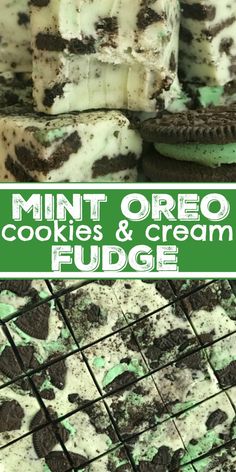 mint oreo cookies and cream fudge dessert bars are stacked on top of each other