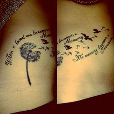 two tattoos with words and a dandelion