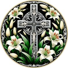 a cross with flowers and leaves in the center