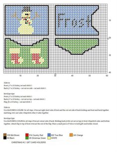 a cross stitch pattern with snowmen on the top and bottom, in different colors