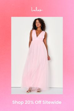 We can't wait to pop the bubbly, take on the dance floor, and make fabulous memories in the Lulus Blushing with Brilliance Light Pink Tulle Sleeveless Maxi Dress! This romantic dress is composed of sheer tulle (atop a matching knit liner) that shapes a lightly gathered bodice, a plunging V-neckline (and back), and wide tank straps. An empire-style waist tops a twirly, A-line skirt that falls to a sweeping maxi hem. Hidden back zipper/clasp. Fit: This garment fits true to size. Length: Floor length. Size medium measures 59" from shoulder to hem. Bust: Great for any cup size. Waist: Fitted - very fitted at natural waist. Hip: Not Fitted - fuller skirt allows room for hips. Undergarments: May be worn with petals, or no bra. Fabric: Fabric has some stretch. Lined. Shell: 100% Nylon. Lining: 10 Sleeveless Mesh Dress For Prom, Feminine Party Maxi Dress For Prom Season, Sleeveless Pink Tulle Maxi Dress, Pink Sleeveless Tulle Maxi Dress, Feminine Maxi Dress For Prom Season Party, Feminine Maxi Dress For Prom Party, Feminine Sleeveless Dresses For Prom, Sleeveless Tulle Skirt Dress For Night Out, Spring Prom Maxi Dress In Flirty Style