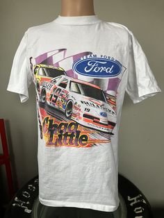 "Rare true vintage Chad Little Bulls Eye Ford Motorsport t-shirt from the mid-90's. Size large single stitched tee in excellent shape, no holes or stains. Measures 20\" pit to pit, 26.5\" collar to bottom." Throwback Short Sleeve Pre-shrunk T-shirt, Fan Merchandise Vintage Print Short Sleeve T-shirt, Vintage Sublimation Print Short Sleeve T-shirt, Throwback Sublimation Print Short Sleeve T-shirt, Throwback Short Sleeve T-shirt With Sublimation Print, Mid 90's, Ford Motorsport, True Vintage, Print T Shirt