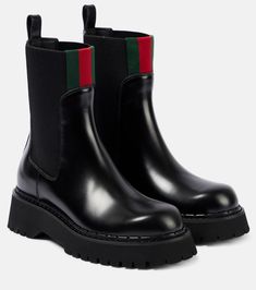 Web Stripe leather Chelsea boots in black - Gucci | Mytheresa Gucci Black Boots, Gucci Boots, Rounded Toe Boots, Ankle Boots Flat, Black Chelsea Boots, Leather Chelsea Boots, Evening Shoes, Gucci Black, Gucci Shoes