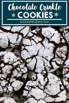 chocolate crinkle cookies are piled on top of each other with text overlay