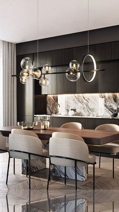 an elegant dining room with marble walls and wooden flooring, modern chandelier hanging from the ceiling