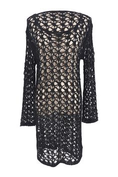 Sexy cover up dress featuring a round neck in pullover styling with long sleeves, sheer crocheting design, Allover in classic solid color. Pop it on over your bikini set and slip on a pair of slides for a beach stroll. SIZE US Bust(inch) Top Length(inch) One Size 10-12 42.5 29 Casual Long Sleeve Hollow Out Cover-up, Black Long Sleeve Festival Cover-up, Black Long Sleeve Cover-up For Festivals, Long Sleeve Open Knit Cover-up For Beachwear, Bohemian Stretch Cover-up With Long Sleeves, Sheer Long Sleeve Festival Cover-up, Stretch Long Sleeve Crochet Dress For The Beach, Black Lace Beach Cover-up, Long Sleeve Crochet Dress As Beach Cover-up