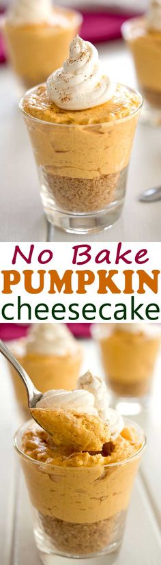 no bake pumpkin cheesecake in small glass dishes